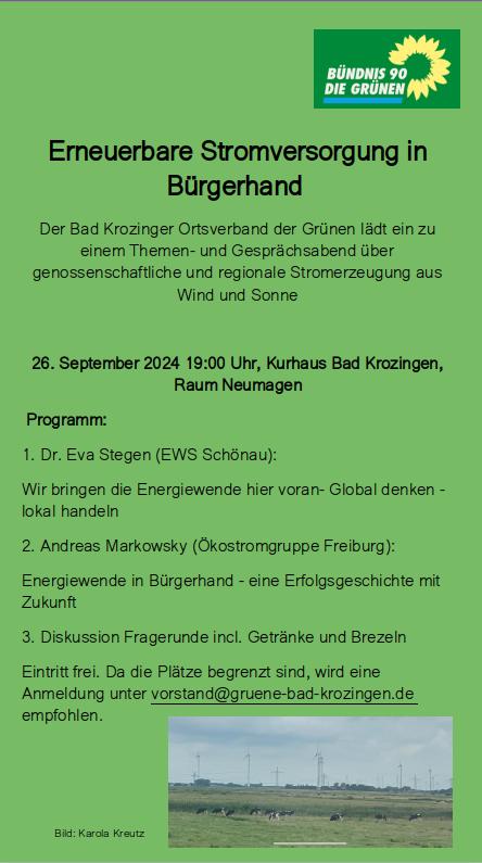 Veranstaltung Windkraft 26.8.2024 in Kurhaus mit Dr. Eva Stegen (EWS Schönau) und Andreas Markowsky (Ökostromgruppe Freiburg)